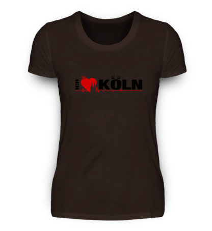 Braunes Damen-T-Shirt mit "Ich liebe Köln" Aufdruck; mittig auf Brust wobei ein rotes Herz das Wort Liebe symbolisiert und das Wort ich hochkant, während das Wort Köln waagerecht geschrieben ist - Somit kann das Motiv auf dem T-Shirt aus Entfernung auch als "I love Köln" gelesen werden.