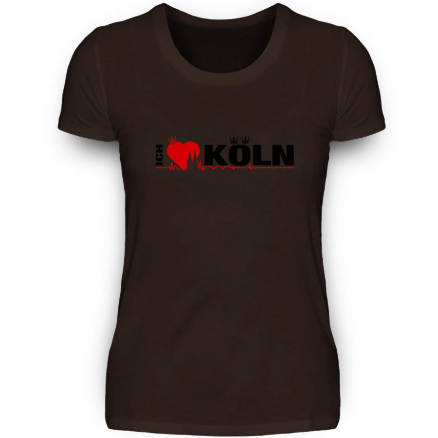 Braunes Damen-T-Shirt mit "Ich liebe Köln" Aufdruck; mittig auf Brust wobei ein rotes Herz das Wort Liebe symbolisiert und das Wort ich hochkant, während das Wort Köln waagerecht geschrieben ist - Somit kann das Motiv auf dem T-Shirt aus Entfernung auch als "I love Köln" gelesen werden.