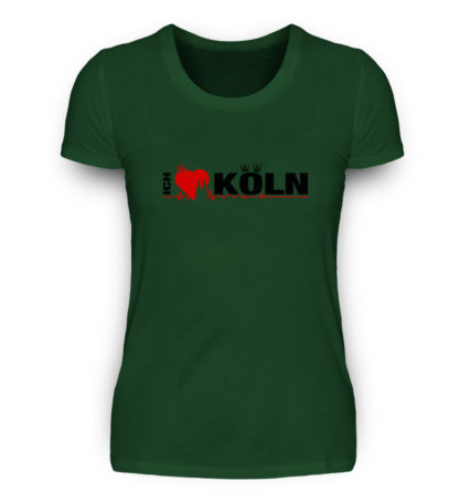 Dunkel-grünes Damen-T-Shirt mit "Ich liebe Köln" Aufdruck; mittig auf Brust wobei ein rotes Herz das Wort Liebe symbolisiert und das Wort ich hochkant, während das Wort Köln waagerecht geschrieben ist - Somit kann das Motiv auf dem T-Shirt aus Entfernung auch als "I love Köln" gelesen werden.