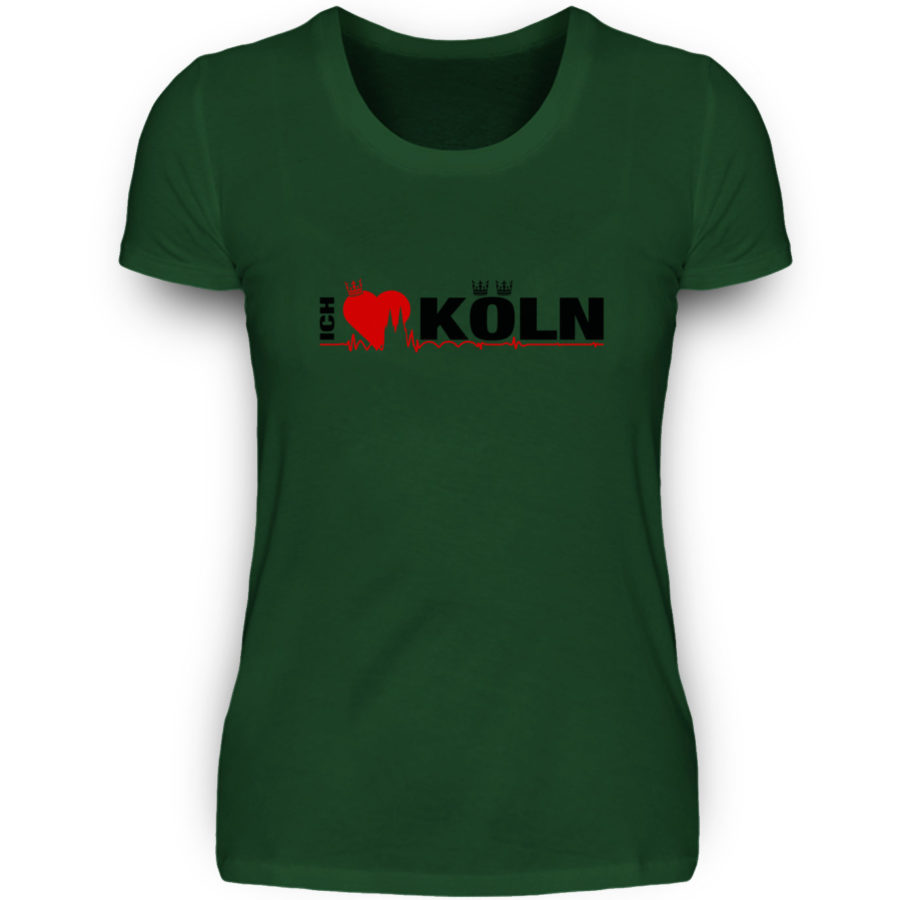Dunkel-grünes Damen-T-Shirt mit "Ich liebe Köln" Aufdruck; mittig auf Brust wobei ein rotes Herz das Wort Liebe symbolisiert und das Wort ich hochkant, während das Wort Köln waagerecht geschrieben ist - Somit kann das Motiv auf dem T-Shirt aus Entfernung auch als "I love Köln" gelesen werden.