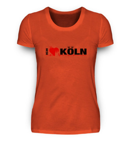 Dunkel-oranges Damen-T-Shirt mit "Ich liebe Köln" Aufdruck; mittig auf Brust wobei ein rotes Herz das Wort Liebe symbolisiert und das Wort ich hochkant, während das Wort Köln waagerecht geschrieben ist - Somit kann das Motiv auf dem T-Shirt aus Entfernung auch als "I love Köln" gelesen werden.