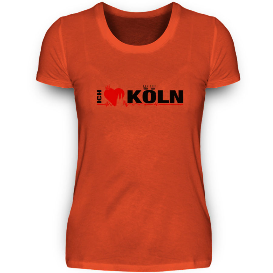 Dunkel-oranges Damen-T-Shirt mit "Ich liebe Köln" Aufdruck; mittig auf Brust wobei ein rotes Herz das Wort Liebe symbolisiert und das Wort ich hochkant, während das Wort Köln waagerecht geschrieben ist - Somit kann das Motiv auf dem T-Shirt aus Entfernung auch als "I love Köln" gelesen werden.