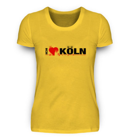 Gold-gelbes Damen-T-Shirt mit "Ich liebe Köln" Aufdruck; mittig auf Brust wobei ein rotes Herz das Wort Liebe symbolisiert und das Wort ich hochkant, während das Wort Köln waagerecht geschrieben ist - Somit kann das Motiv auf dem T-Shirt aus Entfernung auch als "I love Köln" gelesen werden.