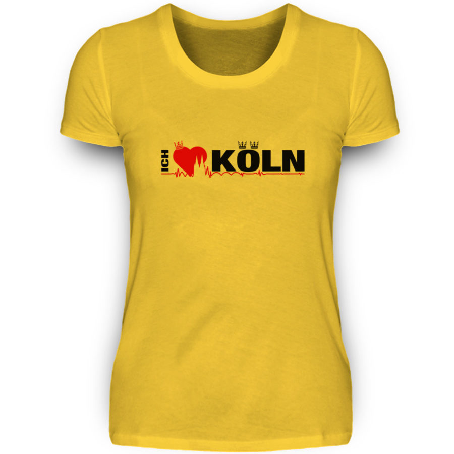 Gold-gelbes Damen-T-Shirt mit "Ich liebe Köln" Aufdruck; mittig auf Brust wobei ein rotes Herz das Wort Liebe symbolisiert und das Wort ich hochkant, während das Wort Köln waagerecht geschrieben ist - Somit kann das Motiv auf dem T-Shirt aus Entfernung auch als "I love Köln" gelesen werden.
