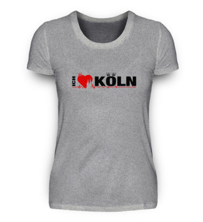 Grau-meliertes Damen-T-Shirt mit "Ich liebe Köln" Aufdruck; mittig auf Brust wobei ein rotes Herz das Wort Liebe symbolisiert und das Wort ich hochkant, während das Wort Köln waagerecht geschrieben ist - Somit kann das Motiv auf dem T-Shirt aus Entfernung auch als "I love Köln" gelesen werden.