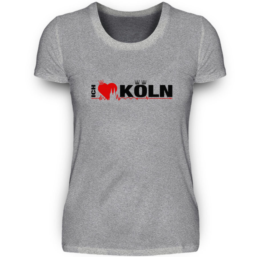 Grau-meliertes Damen-T-Shirt mit "Ich liebe Köln" Aufdruck; mittig auf Brust wobei ein rotes Herz das Wort Liebe symbolisiert und das Wort ich hochkant, während das Wort Köln waagerecht geschrieben ist - Somit kann das Motiv auf dem T-Shirt aus Entfernung auch als "I love Köln" gelesen werden.