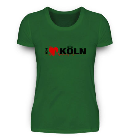 Irisch-grünes Damen-T-Shirt mit "Ich liebe Köln" Aufdruck; mittig auf Brust wobei ein rotes Herz das Wort Liebe symbolisiert und das Wort ich hochkant, während das Wort Köln waagerecht geschrieben ist - Somit kann das Motiv auf dem T-Shirt aus Entfernung auch als "I love Köln" gelesen werden.