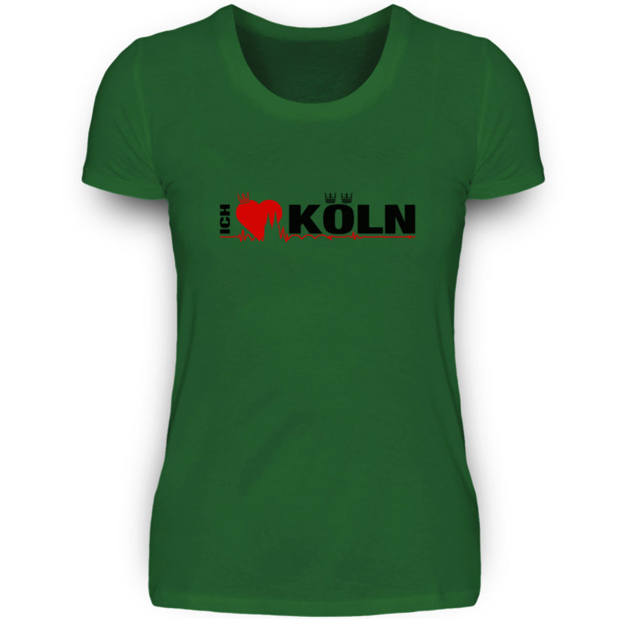 Irisch-grünes Damen-T-Shirt mit "Ich liebe Köln" Aufdruck; mittig auf Brust wobei ein rotes Herz das Wort Liebe symbolisiert und das Wort ich hochkant, während das Wort Köln waagerecht geschrieben ist - Somit kann das Motiv auf dem T-Shirt aus Entfernung auch als "I love Köln" gelesen werden.