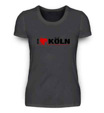 Massiv-graues Damen-T-Shirt mit "Ich liebe Köln" Aufdruck; mittig auf Brust wobei ein rotes Herz das Wort Liebe symbolisiert und das Wort ich hochkant, während das Wort Köln waagerecht geschrieben ist - Somit kann das Motiv auf dem T-Shirt aus Entfernung auch als "I love Köln" gelesen werden.