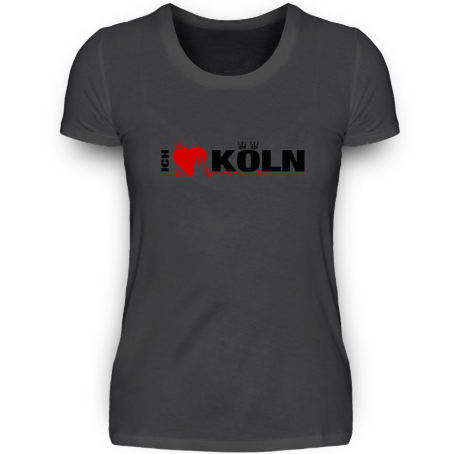 Massiv-graues Damen-T-Shirt mit "Ich liebe Köln" Aufdruck; mittig auf Brust wobei ein rotes Herz das Wort Liebe symbolisiert und das Wort ich hochkant, während das Wort Köln waagerecht geschrieben ist - Somit kann das Motiv auf dem T-Shirt aus Entfernung auch als "I love Köln" gelesen werden.