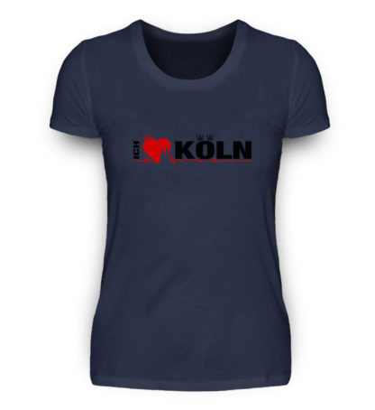 Navy-blaues Damen-T-Shirt mit "Ich liebe Köln" Aufdruck; mittig auf Brust wobei ein rotes Herz das Wort Liebe symbolisiert und das Wort ich hochkant, während das Wort Köln waagerecht geschrieben ist - Somit kann das Motiv auf dem T-Shirt aus Entfernung auch als "I love Köln" gelesen werden.