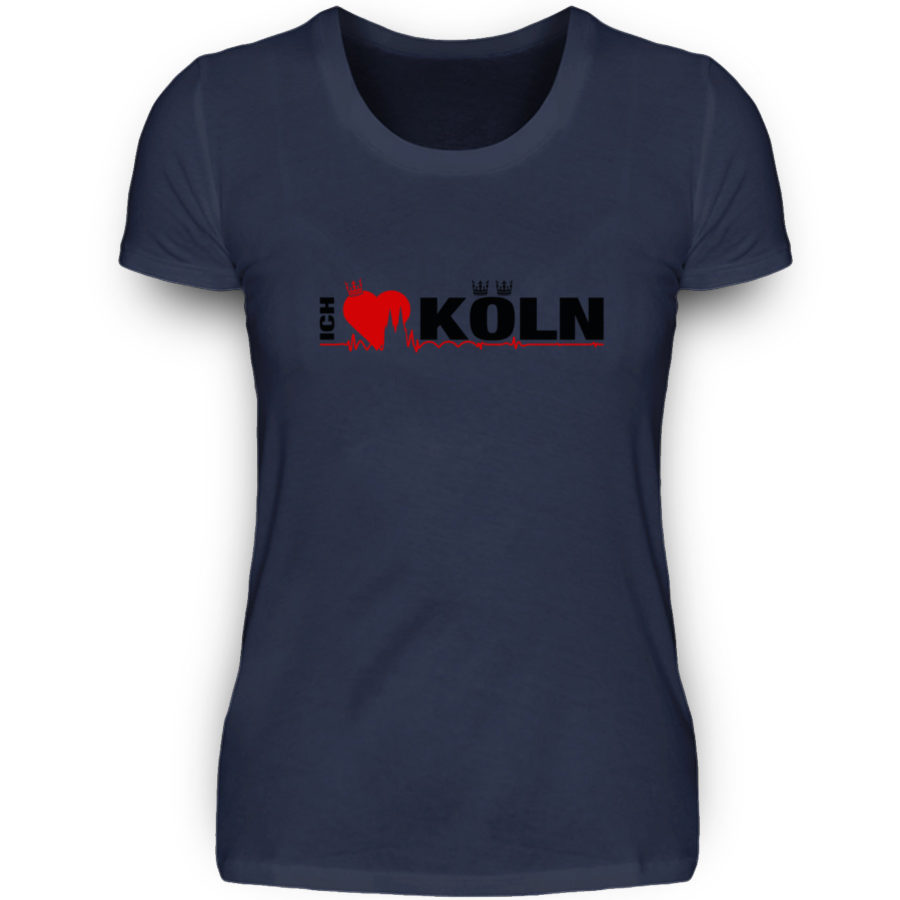 Navy-blaues Damen-T-Shirt mit "Ich liebe Köln" Aufdruck; mittig auf Brust wobei ein rotes Herz das Wort Liebe symbolisiert und das Wort ich hochkant, während das Wort Köln waagerecht geschrieben ist - Somit kann das Motiv auf dem T-Shirt aus Entfernung auch als "I love Köln" gelesen werden.