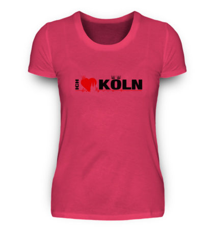 Pinkes Damen-T-Shirt mit "Ich liebe Köln" Aufdruck; mittig auf Brust wobei ein rotes Herz das Wort Liebe symbolisiert und das Wort ich hochkant, während das Wort Köln waagerecht geschrieben ist - Somit kann das Motiv auf dem T-Shirt aus Entfernung auch als "I love Köln" gelesen werden.