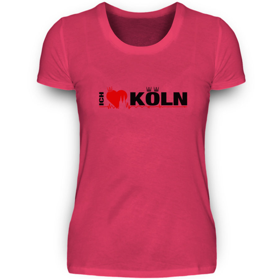 Pinkes Damen-T-Shirt mit "Ich liebe Köln" Aufdruck; mittig auf Brust wobei ein rotes Herz das Wort Liebe symbolisiert und das Wort ich hochkant, während das Wort Köln waagerecht geschrieben ist - Somit kann das Motiv auf dem T-Shirt aus Entfernung auch als "I love Köln" gelesen werden.