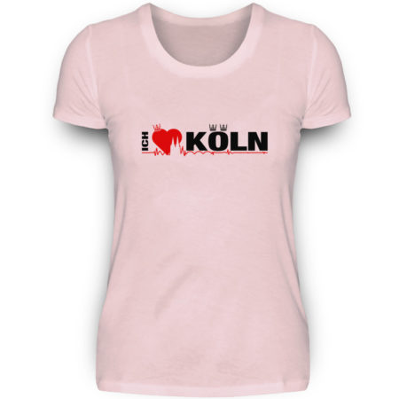 Puder-rosa Damen-T-Shirt mit "Ich liebe Köln" Aufdruck; mittig auf Brust wobei ein rotes Herz das Wort Liebe symbolisiert und das Wort ich hochkant, während das Wort Köln waagerecht geschrieben ist - Somit kann das Motiv auf dem T-Shirt aus Entfernung auch als "I love Köln" gelesen werden.