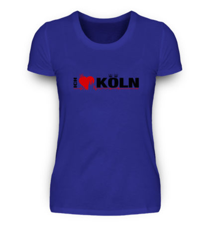 Royal-blaues Damen-T-Shirt mit "Ich liebe Köln" Aufdruck; mittig auf Brust wobei ein rotes Herz das Wort Liebe symbolisiert und das Wort ich hochkant, während das Wort Köln waagerecht geschrieben ist - Somit kann das Motiv auf dem T-Shirt aus Entfernung auch als "I love Köln" gelesen werden.