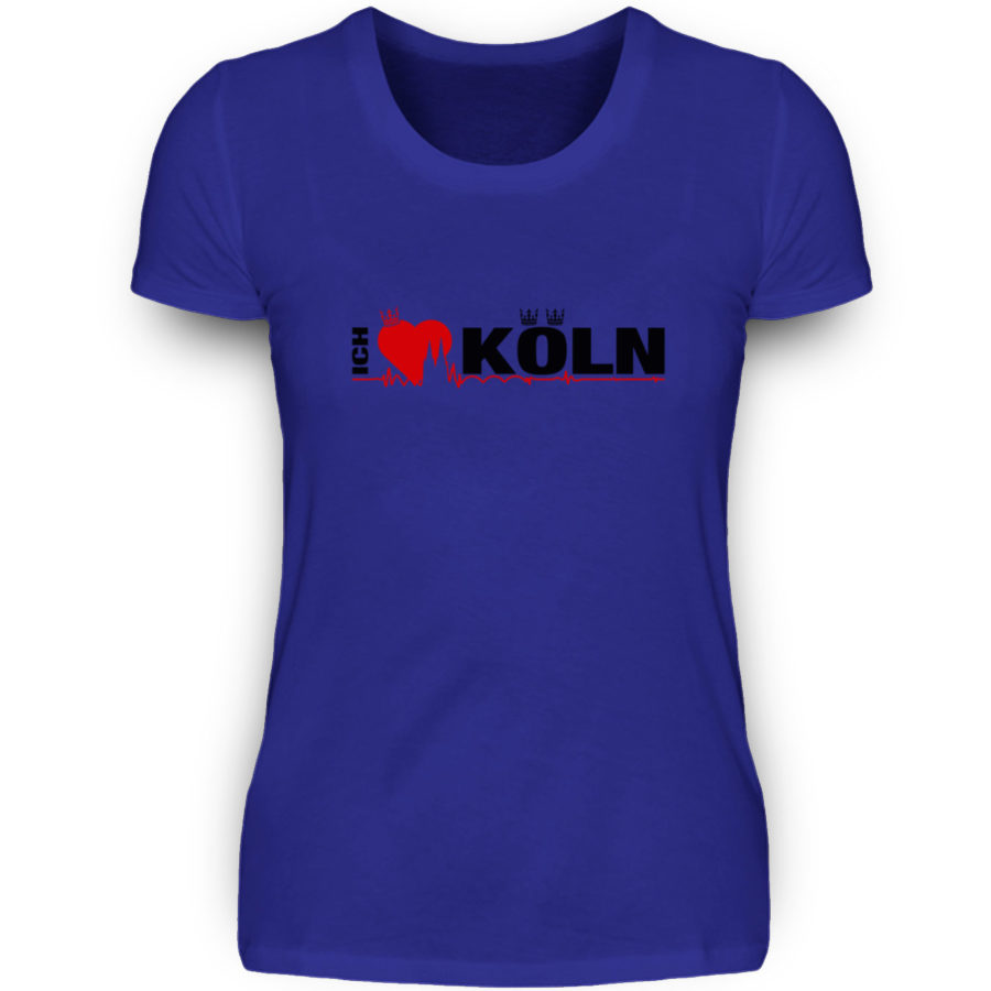Royal-blaues Damen-T-Shirt mit "Ich liebe Köln" Aufdruck; mittig auf Brust wobei ein rotes Herz das Wort Liebe symbolisiert und das Wort ich hochkant, während das Wort Köln waagerecht geschrieben ist - Somit kann das Motiv auf dem T-Shirt aus Entfernung auch als "I love Köln" gelesen werden.