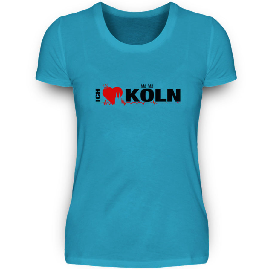 Turquoises Damen-T-Shirt mit "Ich liebe Köln" Aufdruck; mittig auf Brust wobei ein rotes Herz das Wort Liebe symbolisiert und das Wort ich hochkant, während das Wort Köln waagerecht geschrieben ist - Somit kann das Motiv auf dem T-Shirt aus Entfernung auch als "I love Köln" gelesen werden.