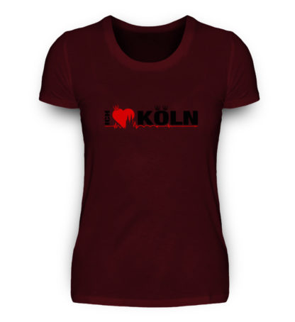 Weinrotes Damen-T-Shirt mit "Ich liebe Köln" Aufdruck; mittig auf Brust wobei ein rotes Herz das Wort Liebe symbolisiert und das Wort ich hochkant, während das Wort Köln waagerecht geschrieben ist - Somit kann das Motiv auf dem T-Shirt aus Entfernung auch als "I love Köln" gelesen werden.