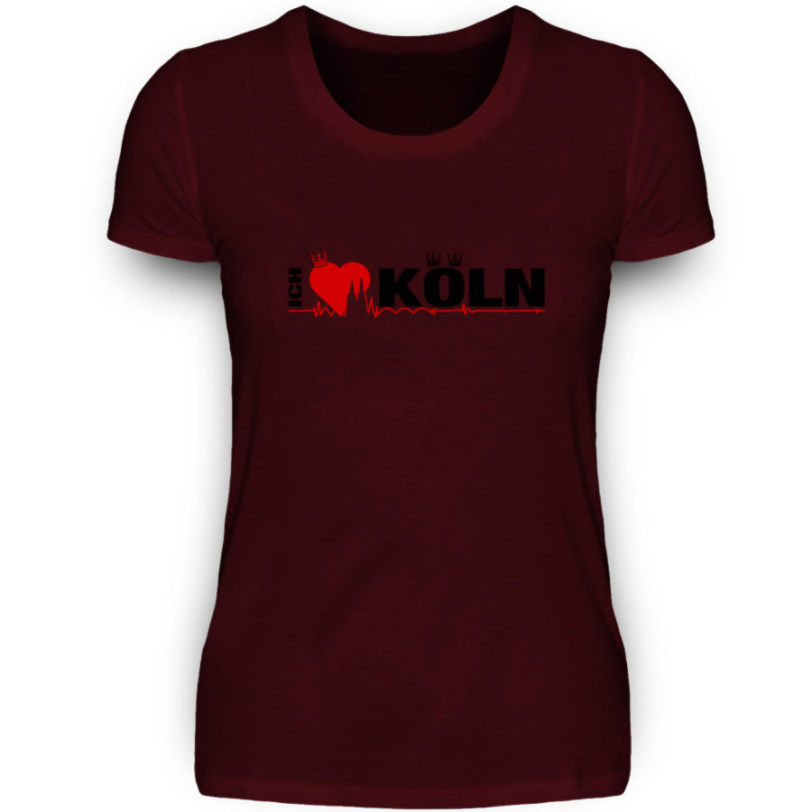 Weinrotes Damen-T-Shirt mit "Ich liebe Köln" Aufdruck; mittig auf Brust wobei ein rotes Herz das Wort Liebe symbolisiert und das Wort ich hochkant, während das Wort Köln waagerecht geschrieben ist - Somit kann das Motiv auf dem T-Shirt aus Entfernung auch als "I love Köln" gelesen werden.