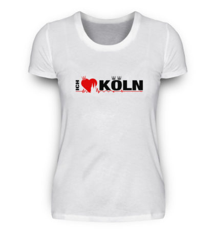 Weißes Damen-T-Shirt mit "Ich liebe Köln" Aufdruck; mittig auf Brust wobei ein rotes Herz das Wort Liebe symbolisiert und das Wort ich hochkant, während das Wort Köln waagerecht geschrieben ist - Somit kann das Motiv auf dem T-Shirt aus Entfernung auch als "I love Köln" gelesen werden.