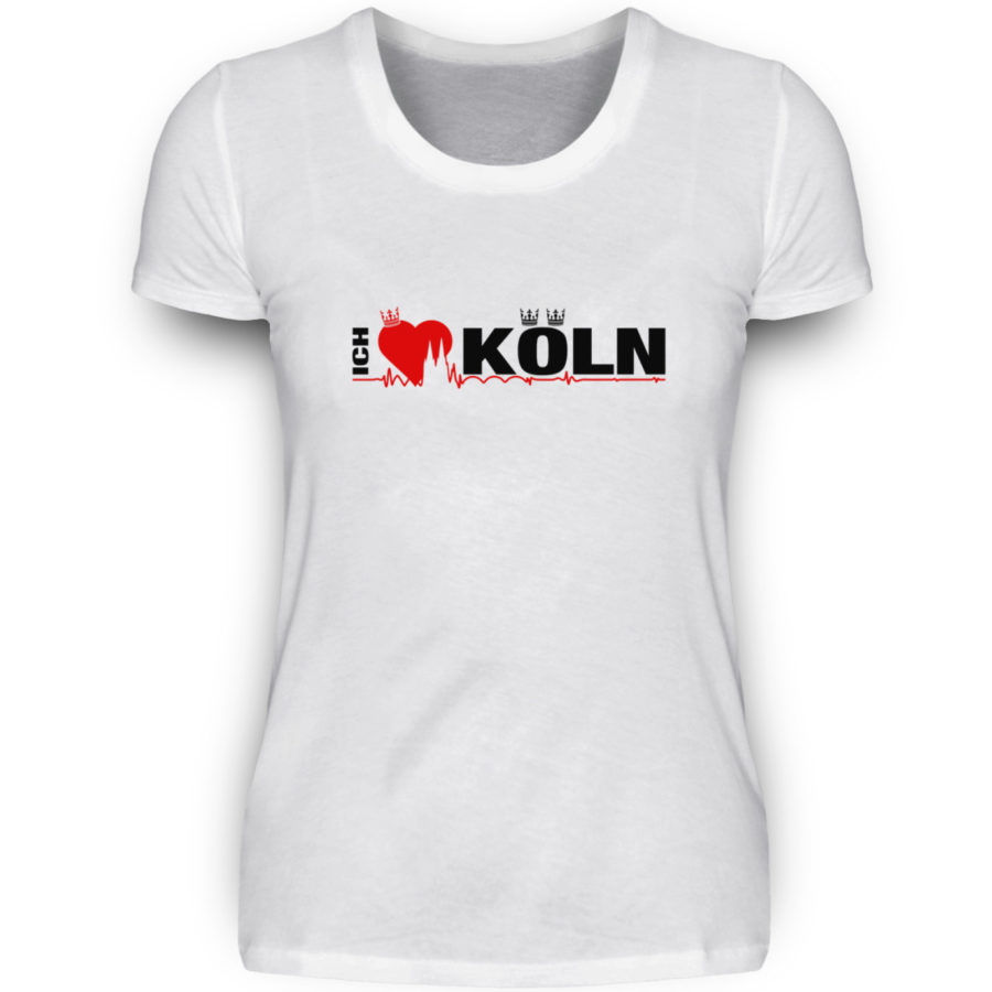 Weißes Damen-T-Shirt mit "Ich liebe Köln" Aufdruck; mittig auf Brust wobei ein rotes Herz das Wort Liebe symbolisiert und das Wort ich hochkant, während das Wort Köln waagerecht geschrieben ist - Somit kann das Motiv auf dem T-Shirt aus Entfernung auch als "I love Köln" gelesen werden.