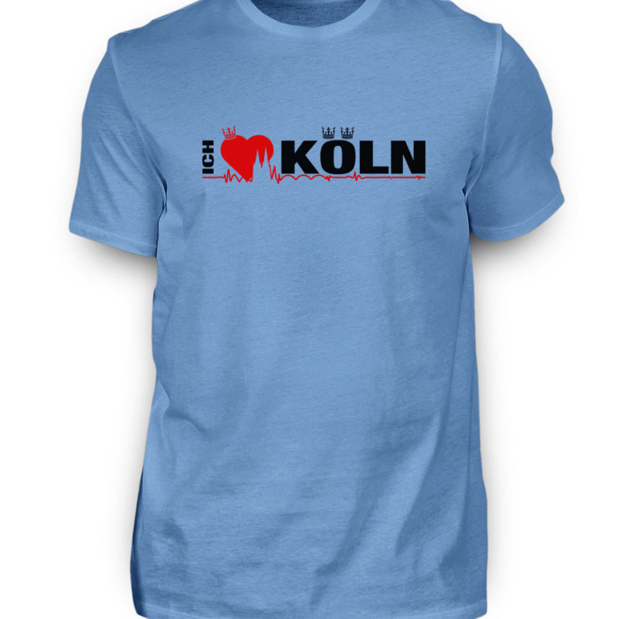 Aqua-türkises T-Shirt mit "Ich liebe Köln" Aufdruck; mittig auf Brust wobei ein rotes Herz das Wort Liebe symbolisiert und das Wort ich hochkant, während das Wort Köln waagerecht geschrieben ist - Somit kann das Motiv auf dem T-Shirt aus Entfernung auch als "I love Köln" gelesen werden.
