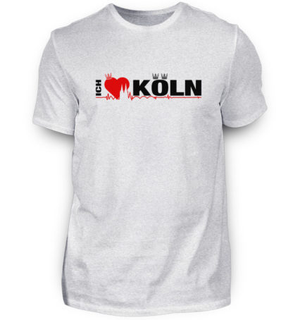 Asch-grau-meliertes T-Shirt mit "Ich liebe Köln" Aufdruck; mittig auf Brust wobei ein rotes Herz das Wort Liebe symbolisiert und das Wort ich hochkant, während das Wort Köln waagerecht geschrieben ist - Somit kann das Motiv auf dem T-Shirt aus Entfernung auch als "I love Köln" gelesen werden.