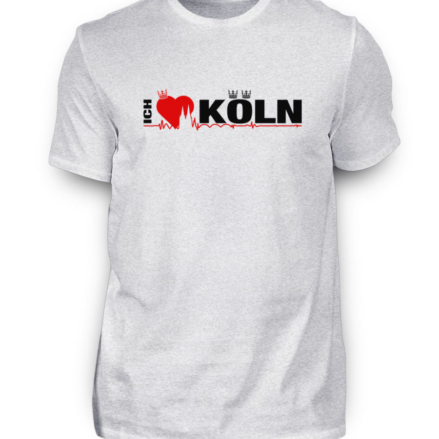 Asch-grau-meliertes T-Shirt mit "Ich liebe Köln" Aufdruck; mittig auf Brust wobei ein rotes Herz das Wort Liebe symbolisiert und das Wort ich hochkant, während das Wort Köln waagerecht geschrieben ist - Somit kann das Motiv auf dem T-Shirt aus Entfernung auch als "I love Köln" gelesen werden.
