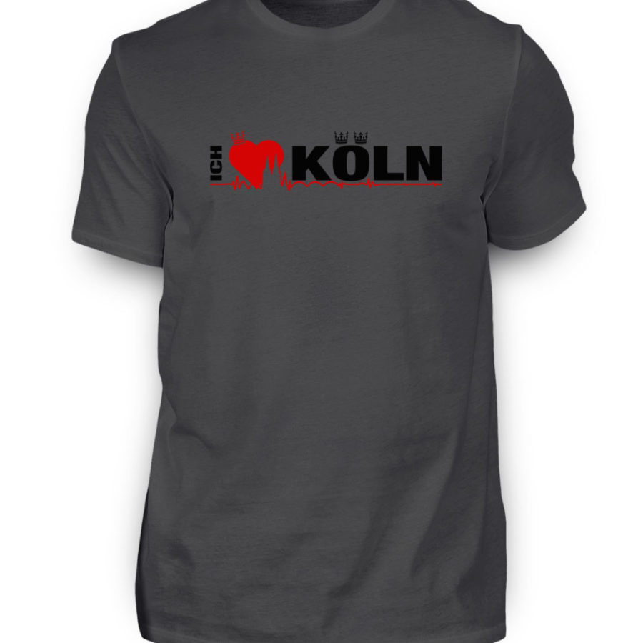 Asphalt-graues T-Shirt mit "Ich liebe Köln" Aufdruck; mittig auf Brust wobei ein rotes Herz das Wort Liebe symbolisiert und das Wort ich hochkant, während das Wort Köln waagerecht geschrieben ist - Somit kann das Motiv auf dem T-Shirt aus Entfernung auch als "I love Köln" gelesen werden.