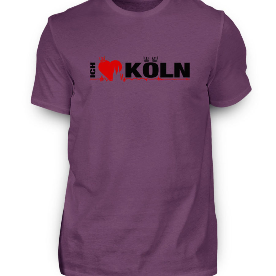 Aubergines T-Shirt mit "Ich liebe Köln" Aufdruck; mittig auf Brust wobei ein rotes Herz das Wort Liebe symbolisiert und das Wort ich hochkant, während das Wort Köln waagerecht geschrieben ist - Somit kann das Motiv auf dem T-Shirt aus Entfernung auch als "I love Köln" gelesen werden.