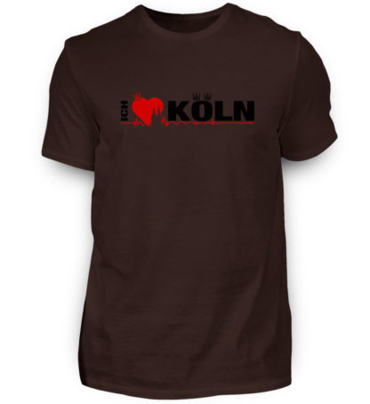 Braunes T-Shirt mit "Ich liebe Köln" Aufdruck; mittig auf Brust wobei ein rotes Herz das Wort Liebe symbolisiert und das Wort ich hochkant, während das Wort Köln waagerecht geschrieben ist - Somit kann das Motiv auf dem T-Shirt aus Entfernung auch als "I love Köln" gelesen werden.