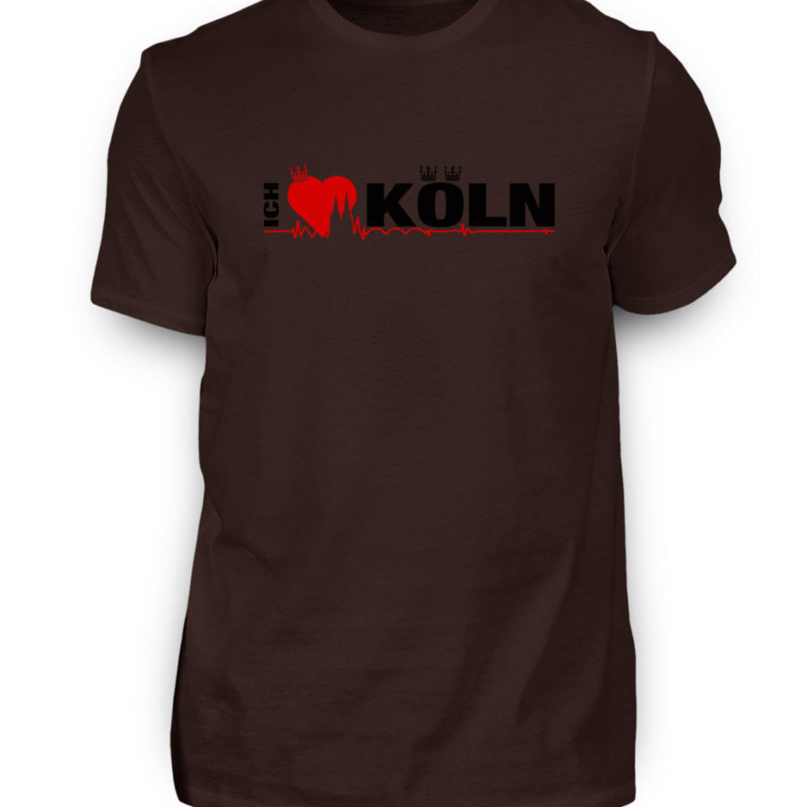 Braunes T-Shirt mit "Ich liebe Köln" Aufdruck; mittig auf Brust wobei ein rotes Herz das Wort Liebe symbolisiert und das Wort ich hochkant, während das Wort Köln waagerecht geschrieben ist - Somit kann das Motiv auf dem T-Shirt aus Entfernung auch als "I love Köln" gelesen werden.