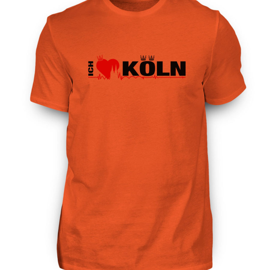 Dunkel-Oranges T-Shirt mit "Ich liebe Köln" Aufdruck; mittig auf Brust wobei ein rotes Herz das Wort Liebe symbolisiert und das Wort ich hochkant, während das Wort Köln waagerecht geschrieben ist - Somit kann das Motiv auf dem T-Shirt aus Entfernung auch als "I love Köln" gelesen werden.