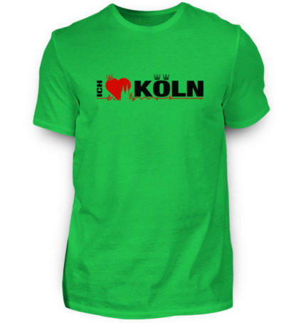 Farn-Grünes T-Shirt mit "Ich liebe Köln" Aufdruck; mittig auf Brust wobei ein rotes Herz das Wort Liebe symbolisiert und das Wort ich hochkant, während das Wort Köln waagerecht geschrieben ist - Somit kann das Motiv auf dem T-Shirt aus Entfernung auch als "I love Köln" gelesen werden.