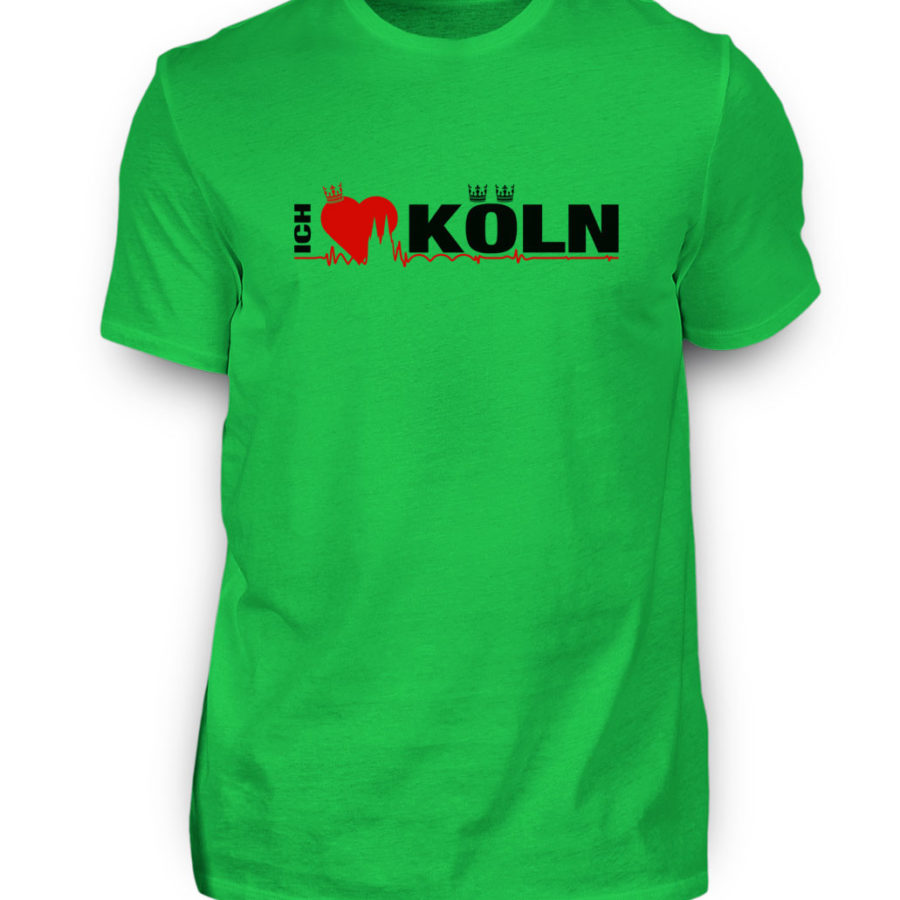 Farn-Grünes T-Shirt mit "Ich liebe Köln" Aufdruck; mittig auf Brust wobei ein rotes Herz das Wort Liebe symbolisiert und das Wort ich hochkant, während das Wort Köln waagerecht geschrieben ist - Somit kann das Motiv auf dem T-Shirt aus Entfernung auch als "I love Köln" gelesen werden.