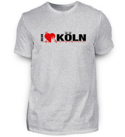 Grau-meliertes T-Shirt mit "Ich liebe Köln" Aufdruck; mittig auf Brust wobei ein rotes Herz das Wort Liebe symbolisiert und das Wort ich hochkant, während das Wort Köln waagerecht geschrieben ist - Somit kann das Motiv auf dem T-Shirt aus Entfernung auch als "I love Köln" gelesen werden.