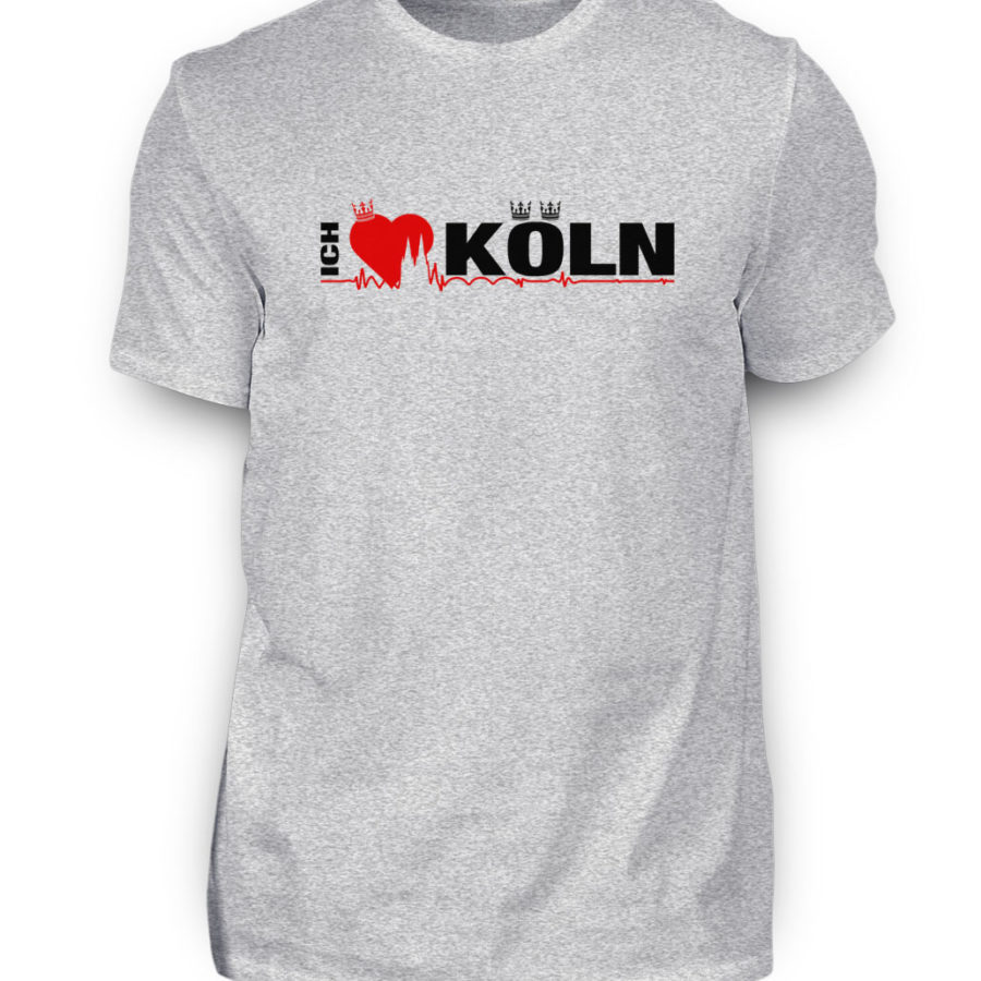 Grau-meliertes T-Shirt mit "Ich liebe Köln" Aufdruck; mittig auf Brust wobei ein rotes Herz das Wort Liebe symbolisiert und das Wort ich hochkant, während das Wort Köln waagerecht geschrieben ist - Somit kann das Motiv auf dem T-Shirt aus Entfernung auch als "I love Köln" gelesen werden.