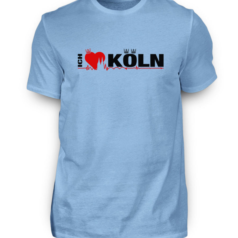 Himmelblaues T-Shirt mit "Ich liebe Köln" Aufdruck; mittig auf Brust wobei ein rotes Herz das Wort Liebe symbolisiert und das Wort ich hochkant, während das Wort Köln waagerecht geschrieben ist - Somit kann das Motiv auf dem T-Shirt aus Entfernung auch als "I love Köln" gelesen werden.