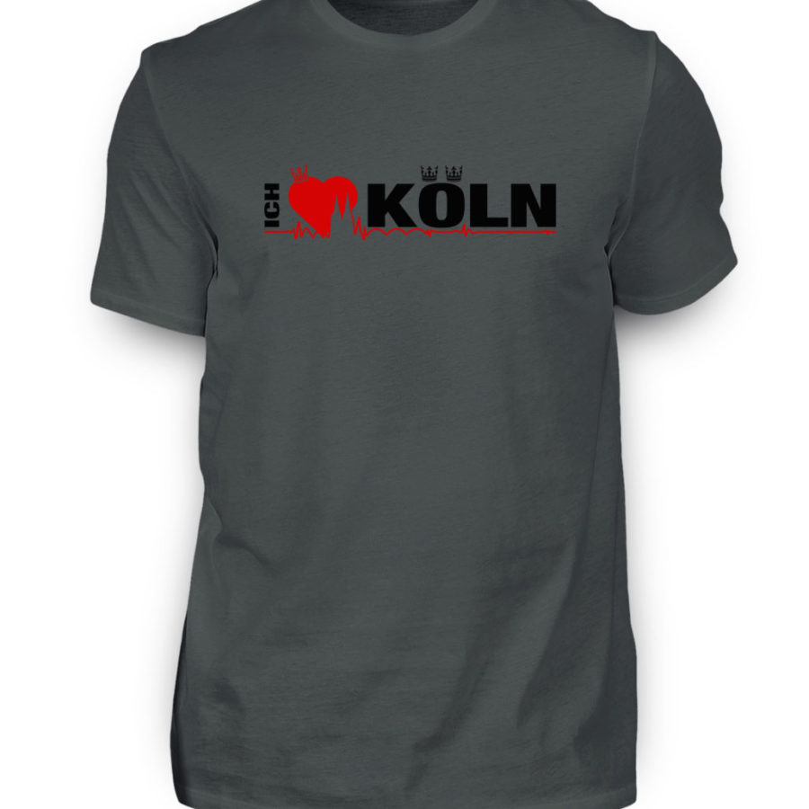 Massiv-graues T-Shirt mit "Ich liebe Köln" Aufdruck; mittig auf Brust wobei ein rotes Herz das Wort Liebe symbolisiert und das Wort ich hochkant, während das Wort Köln waagerecht geschrieben ist - Somit kann das Motiv auf dem T-Shirt aus Entfernung auch als "I love Köln" gelesen werden.