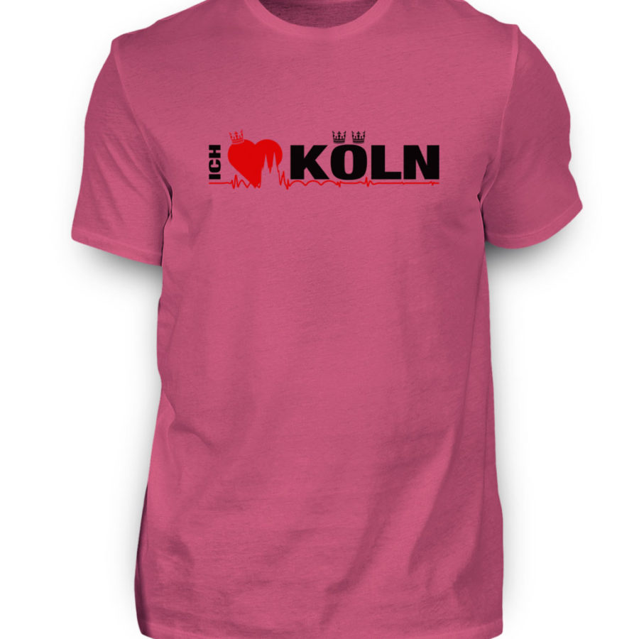 Pinkes T-Shirt mit "Ich liebe Köln" Aufdruck; mittig auf Brust wobei ein rotes Herz das Wort Liebe symbolisiert und das Wort ich hochkant, während das Wort Köln waagerecht geschrieben ist - Somit kann das Motiv auf dem T-Shirt aus Entfernung auch als "I love Köln" gelesen werden.