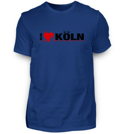 Dunkel-Royal-blaues T-Shirt mit "Ich liebe Köln" Aufdruck; mittig auf Brust wobei ein rotes Herz das Wort Liebe symbolisiert und das Wort ich hochkant, während das Wort Köln waagerecht geschrieben ist - Somit kann das Motiv auf dem T-Shirt aus Entfernung auch als "I love Köln" gelesen werden.