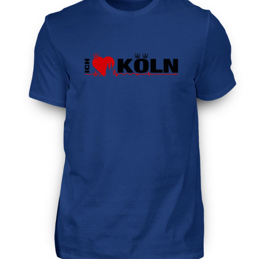 Dunkel-Royal-blaues T-Shirt mit "Ich liebe Köln" Aufdruck; mittig auf Brust wobei ein rotes Herz das Wort Liebe symbolisiert und das Wort ich hochkant, während das Wort Köln waagerecht geschrieben ist - Somit kann das Motiv auf dem T-Shirt aus Entfernung auch als "I love Köln" gelesen werden.