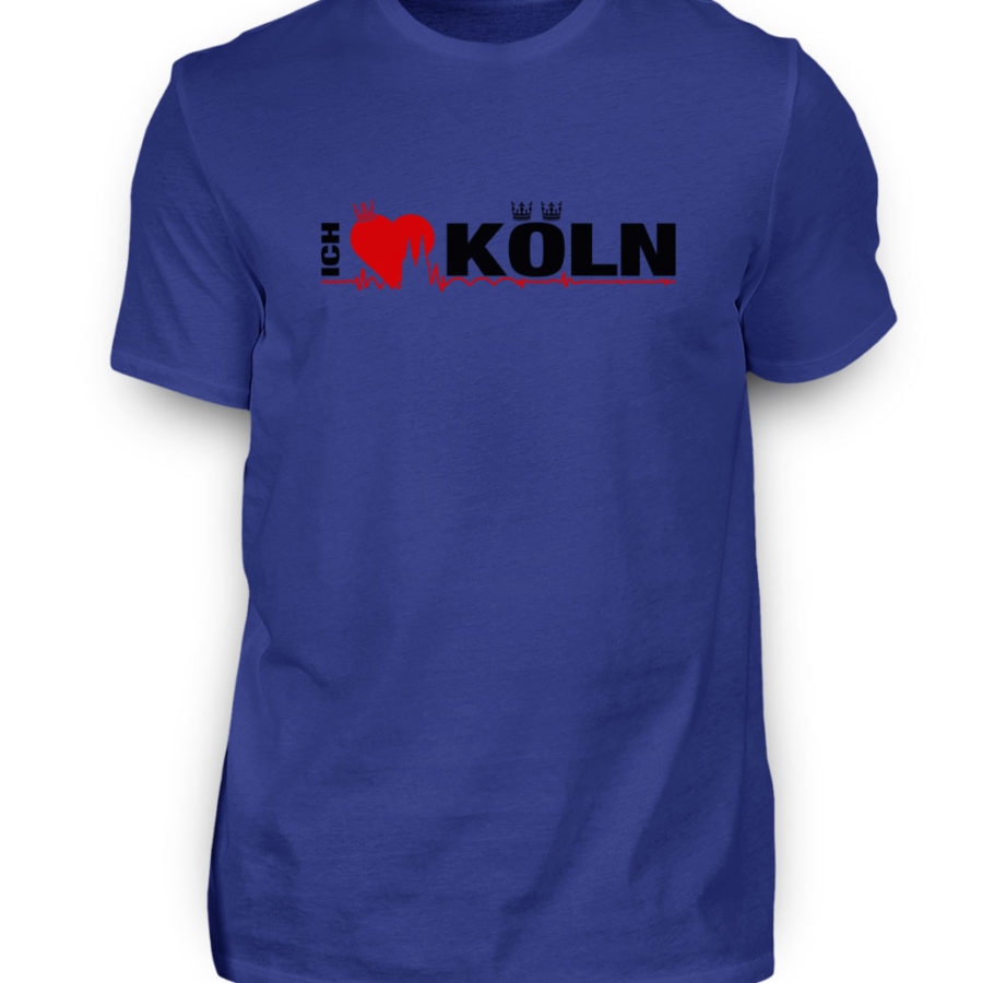 Royal-blaues T-Shirt mit "Ich liebe Köln" Aufdruck; mittig auf Brust wobei ein rotes Herz das Wort Liebe symbolisiert und das Wort ich hochkant, während das Wort Köln waagerecht geschrieben ist - Somit kann das Motiv auf dem T-Shirt aus Entfernung auch als "I love Köln" gelesen werden.