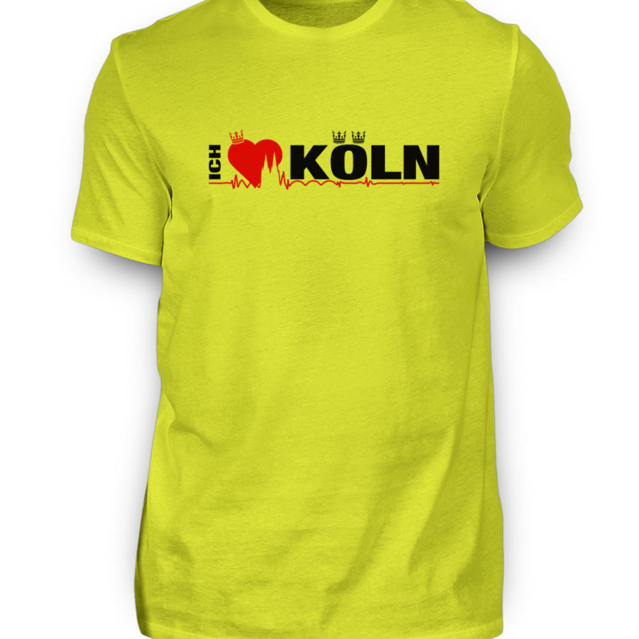 Sauergelbes T-Shirt mit "Ich liebe Köln" Aufdruck; mittig auf Brust wobei ein rotes Herz das Wort Liebe symbolisiert und das Wort ich hochkant, während das Wort Köln waagerecht geschrieben ist - Somit kann das Motiv auf dem T-Shirt aus Entfernung auch als "I love Köln" gelesen werden.