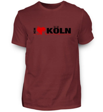 Weinrotes T-Shirt mit "Ich liebe Köln" Aufdruck; mittig auf Brust wobei ein rotes Herz das Wort Liebe symbolisiert und das Wort ich hochkant, während das Wort Köln waagerecht geschrieben ist - Somit kann das Motiv auf dem T-Shirt aus Entfernung auch als "I love Köln" gelesen werden.
