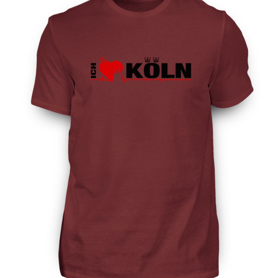 Weinrotes T-Shirt mit "Ich liebe Köln" Aufdruck; mittig auf Brust wobei ein rotes Herz das Wort Liebe symbolisiert und das Wort ich hochkant, während das Wort Köln waagerecht geschrieben ist - Somit kann das Motiv auf dem T-Shirt aus Entfernung auch als "I love Köln" gelesen werden.