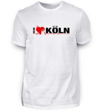 Weißes T-Shirt mit "Ich liebe Köln" Aufdruck; mittig auf Brust wobei ein rotes Herz das Wort Liebe symbolisiert und das Wort ich hochkant, während das Wort Köln waagerecht geschrieben ist - Somit kann das Motiv auf dem T-Shirt aus Entfernung auch als "I love Köln" gelesen werden.