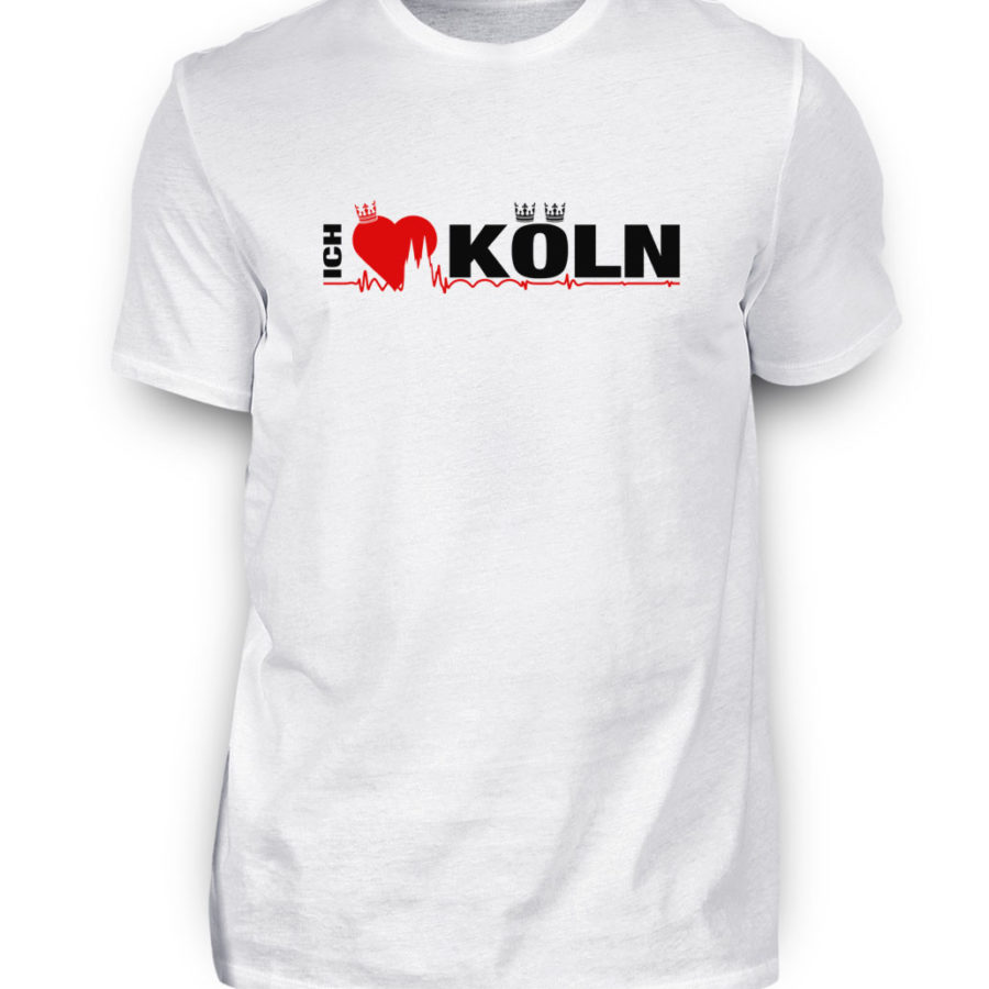 Weißes T-Shirt mit "Ich liebe Köln" Aufdruck; mittig auf Brust wobei ein rotes Herz das Wort Liebe symbolisiert und das Wort ich hochkant, während das Wort Köln waagerecht geschrieben ist - Somit kann das Motiv auf dem T-Shirt aus Entfernung auch als "I love Köln" gelesen werden.