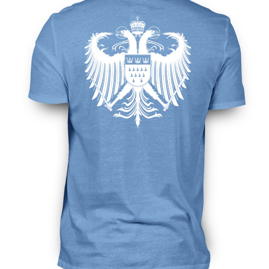 Aqua-türkises Shirt mit weißem Kölner Wappen auf Rückseite